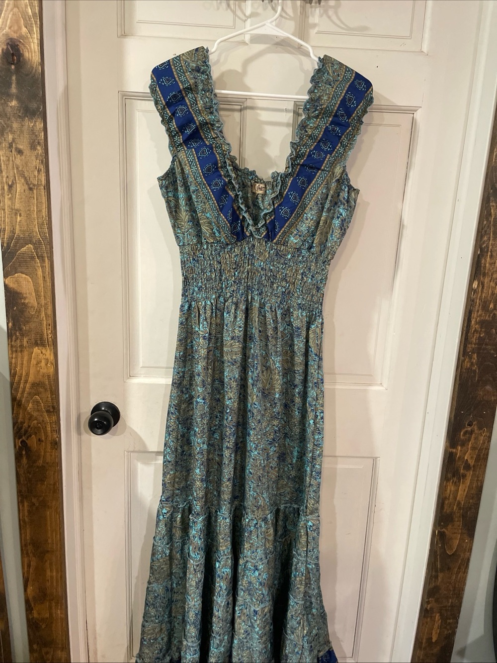 Boho V-Neck Maxi Dress in Teal and Blue peasant festival summer